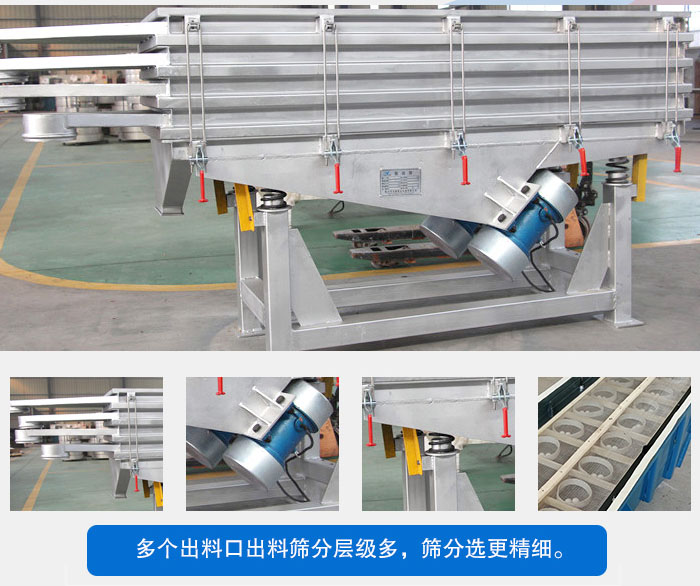多層直線振動篩結(jié)構(gòu)優(yōu)勢：出料口多層選擇，振動電機，震動彈簧減輕振動體的磨損，彈跳球和擋球環(huán)。