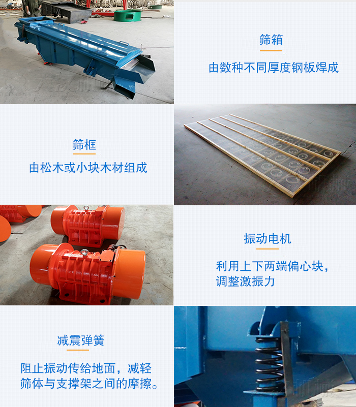小型直線篩篩箱，篩框，振動(dòng)電機(jī)，彈簧等部件圖片展示